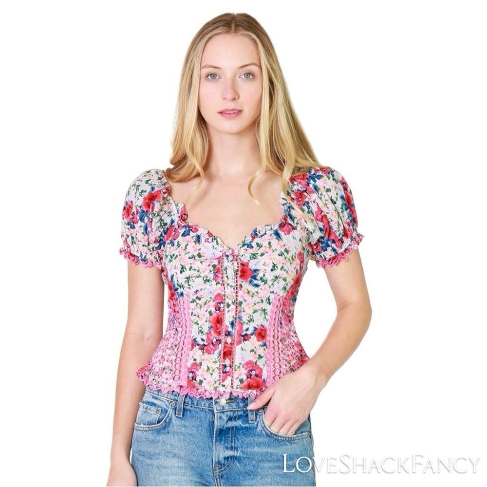 LoveShackFancy **NWT** Bryant Ruffle Trim Button Front Top in Rush of Red Floral - Picture 7 of 16